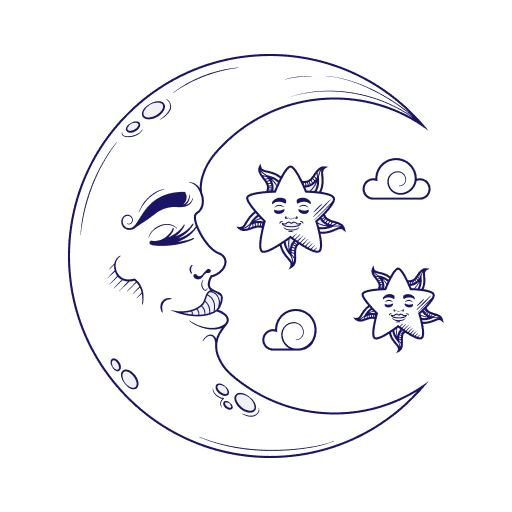 Vintage Crescent Moon Face and Stars Line Art PNG
