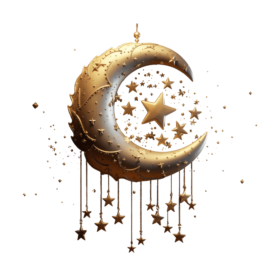 3D Hanging Gold Moon & Stars PNG